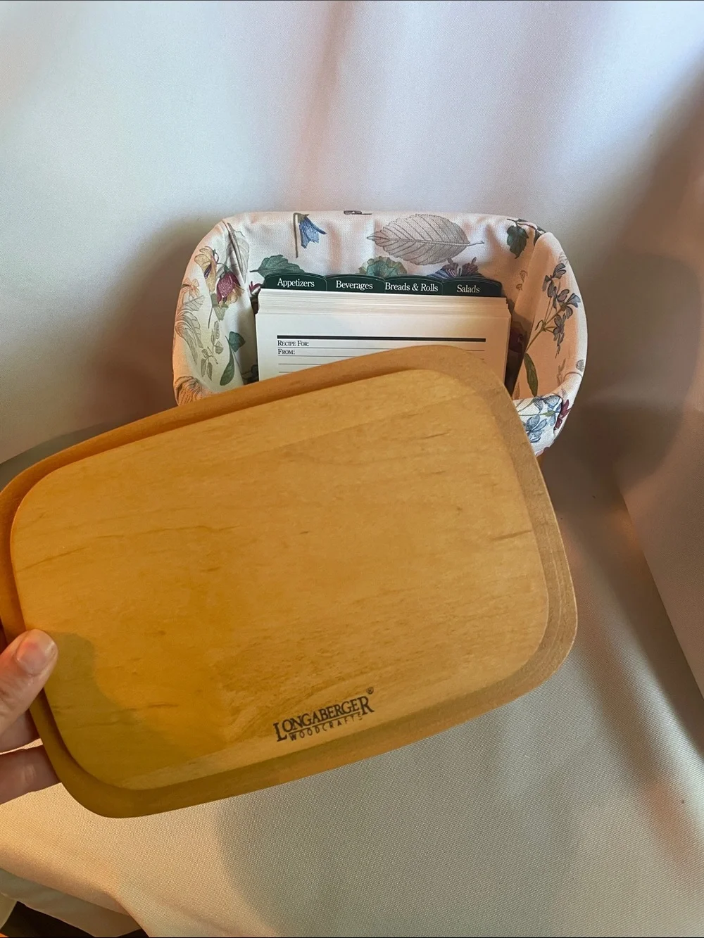 Longaberger Recipe Basket with botanical Liner and recipe cards